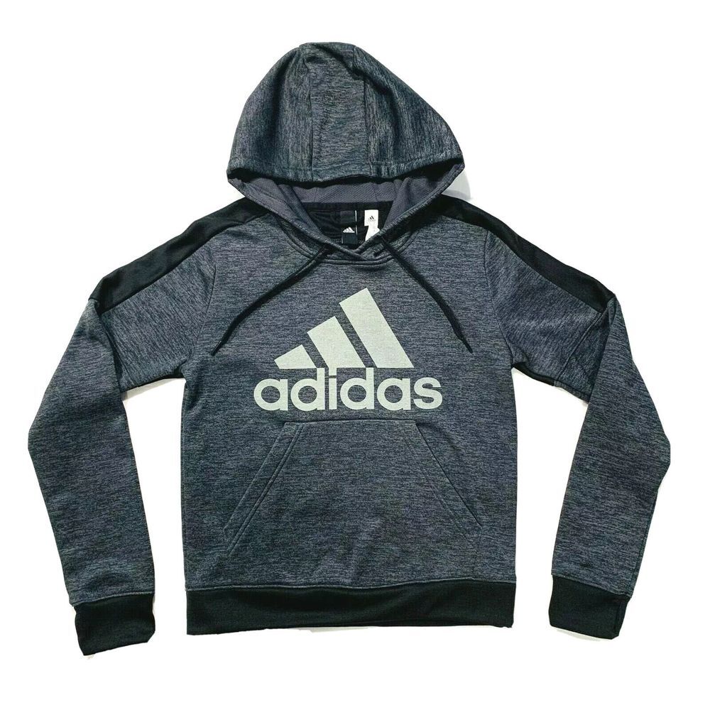 Adidas Hoodie‎ Sweatshirt Spell Out 3 Stripe Fleece Lined Gray Black XS NWOT